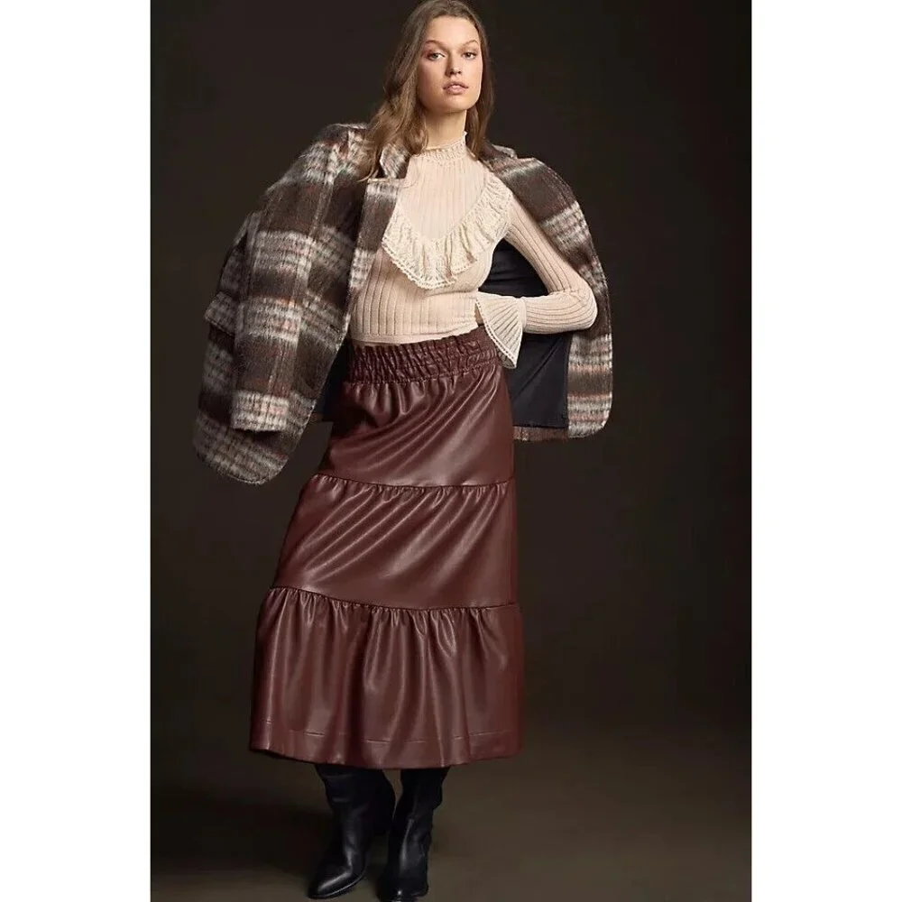 NWT Anthropologie The Somerset Maxi Skirt Faux Leather L Brown
